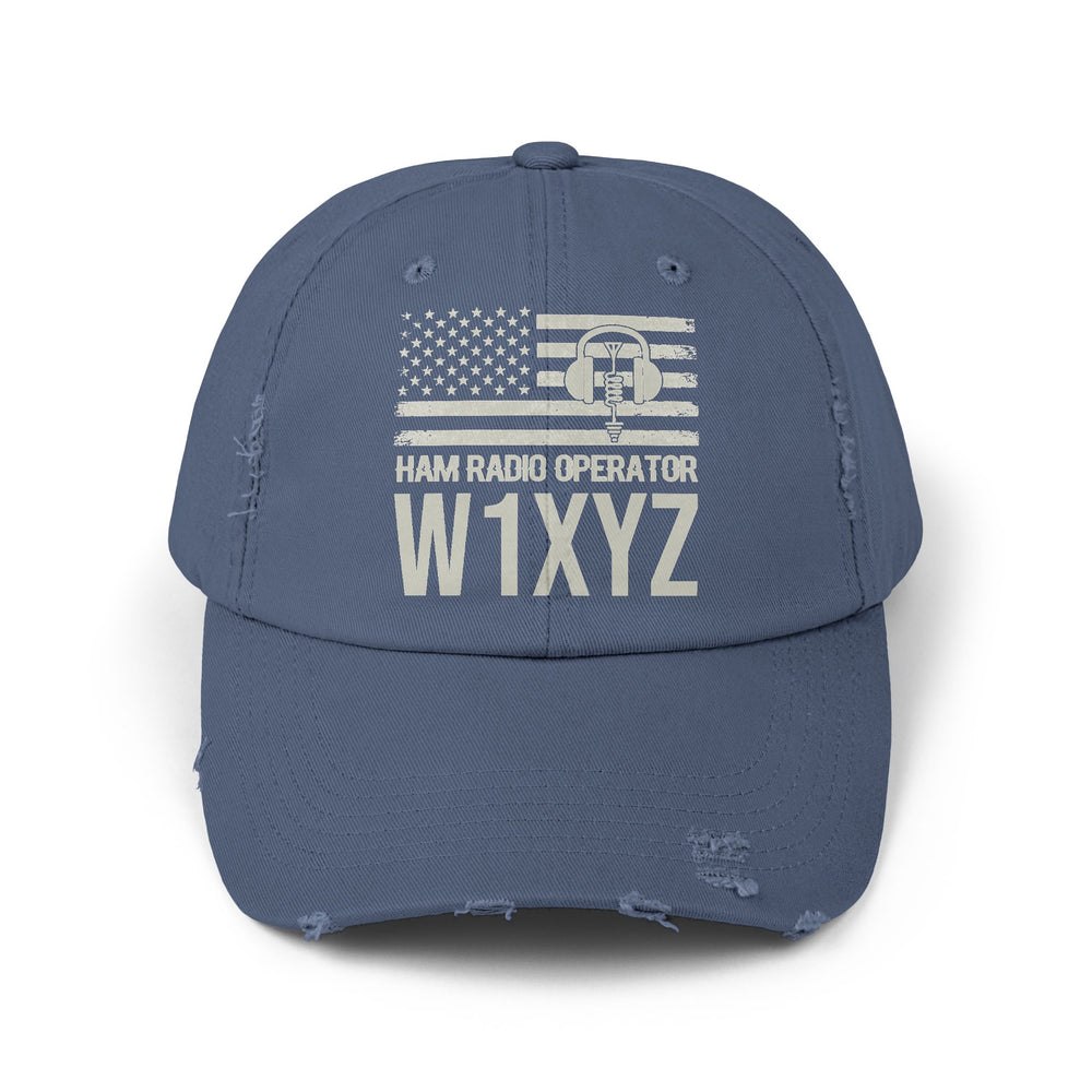 Blue cap with American flag and text on a white background