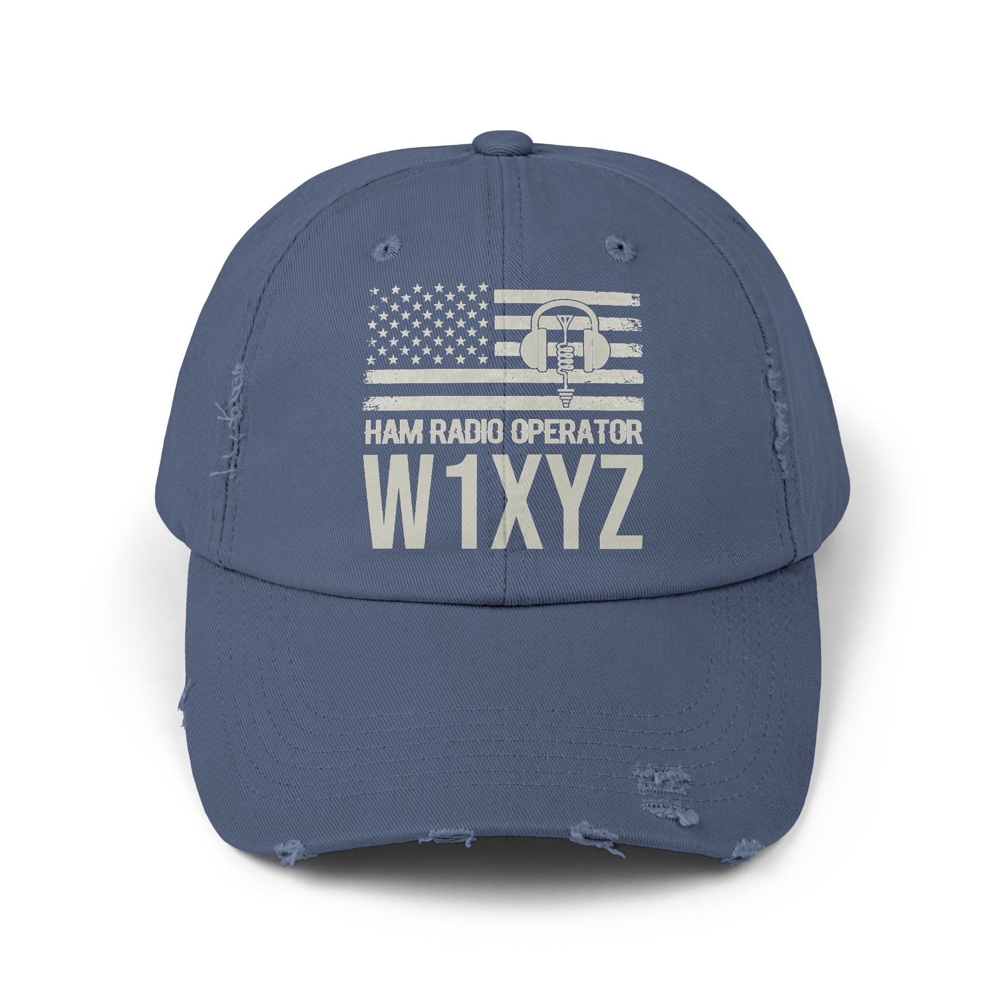 Blue cap with American flag and text on a white background