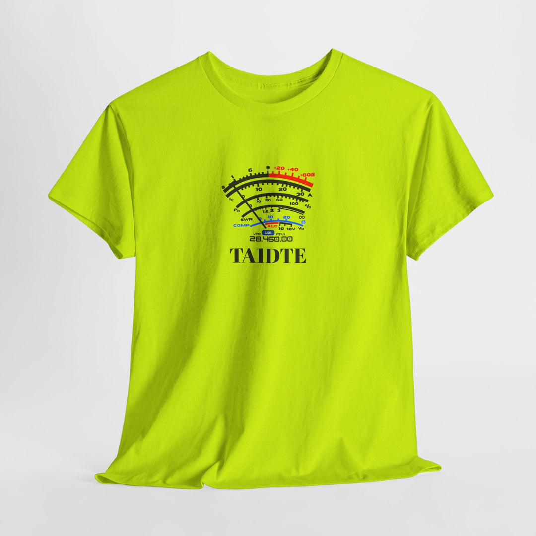 High-visibility Safety Green personalized SW Meter Ham Radio T-shirt with custom callsign for Field Day and emergency communications.