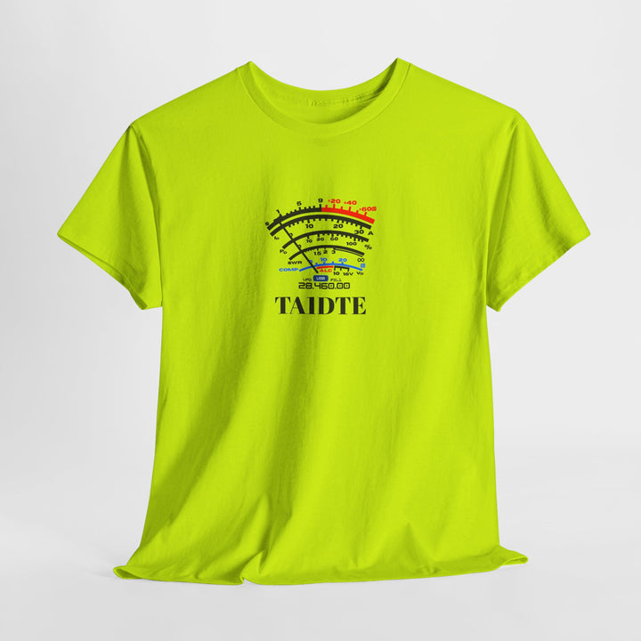 High-visibility Safety Green personalized SW Meter Ham Radio T-shirt with custom callsign for Field Day and emergency communications.