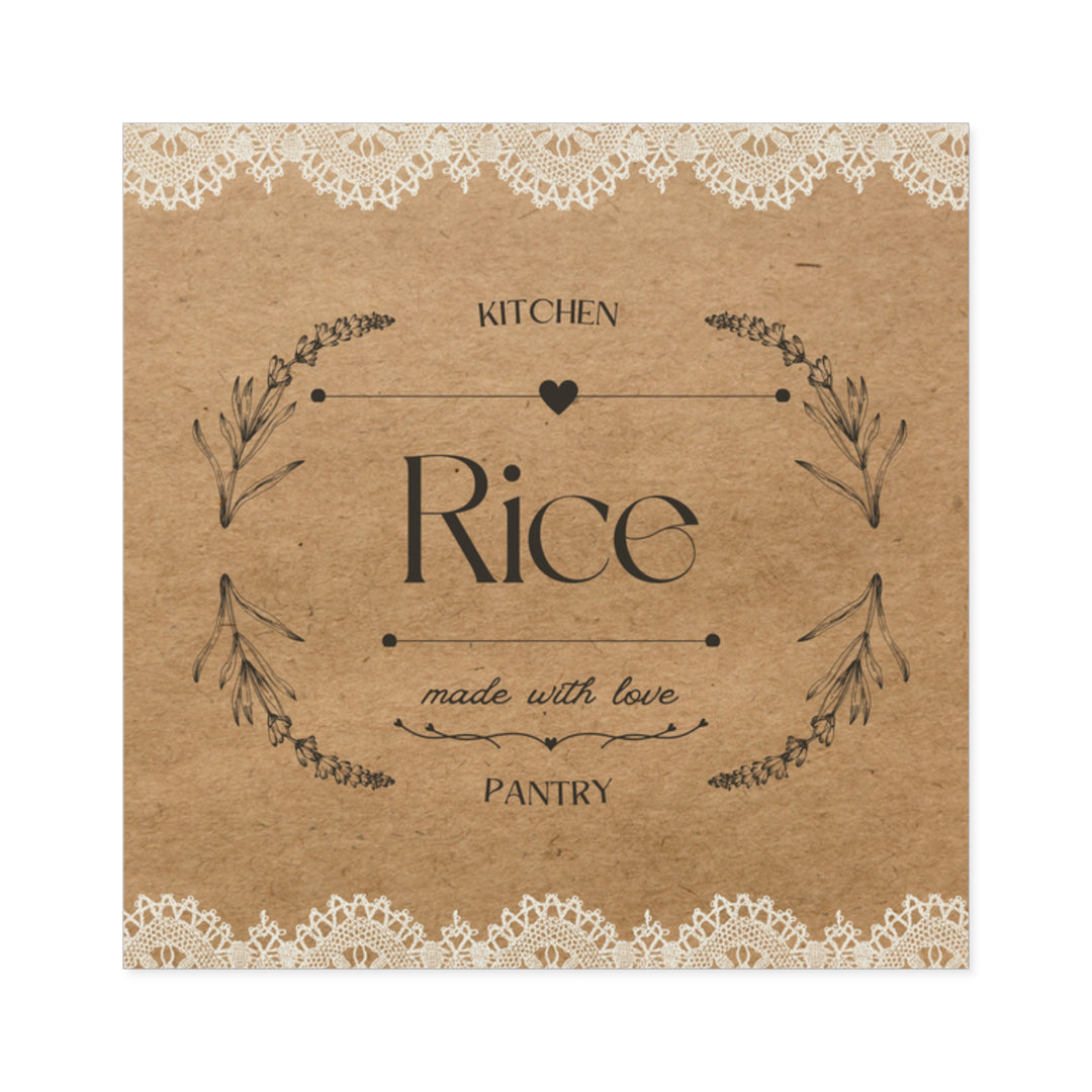 Kraft paper box with decorative elements and text 'Kitchen Rice made with love Pantry' on a white background