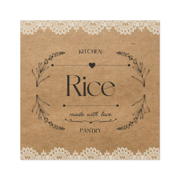 Kraft paper box with decorative elements and text 'Kitchen Rice made with love Pantry' on a white background