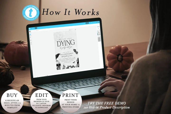 Person using a laptop with a website open on a table with pumpkins