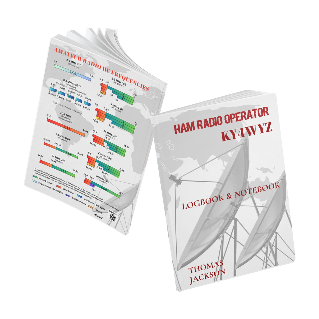Ham Radio Logbook with callsign, name on the front cover and reference band plan on the back cover
