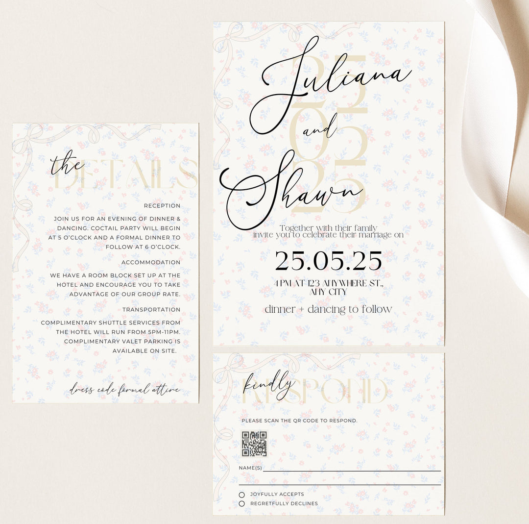 3-piece wedding invitation set with RSVP and details card, elegant RSVP card with QR code and matching detail card included