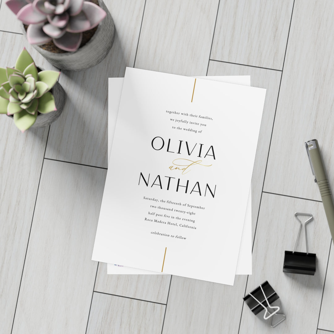 Gold line modern wedding invitation printed on premium cardstock by Bilmiss