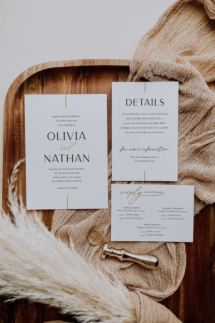 Gold Fine Line Wedding Invitation Template – Elegant Minimalist Gold Line Set with Rsvp & Details | Bilmiss