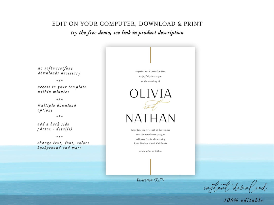 Wedding invitation template with text on a white background