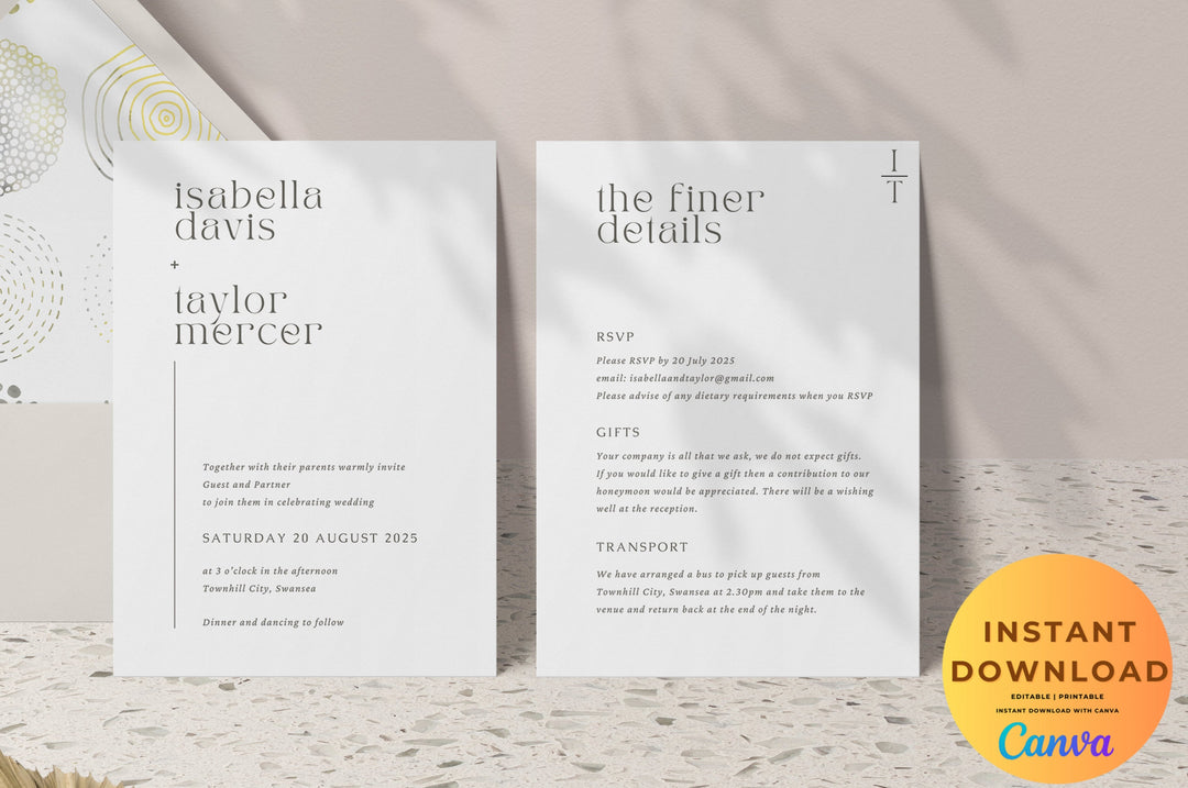 Modern minimalist wedding invitation template editable and printable