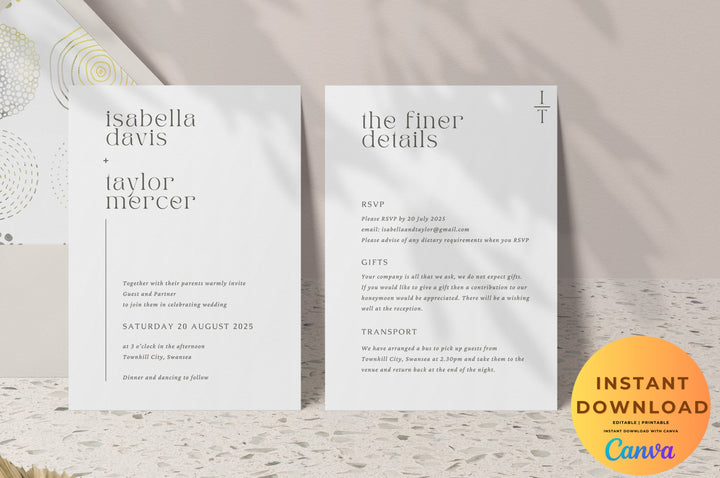 Modern minimalist wedding invitation template editable and printable