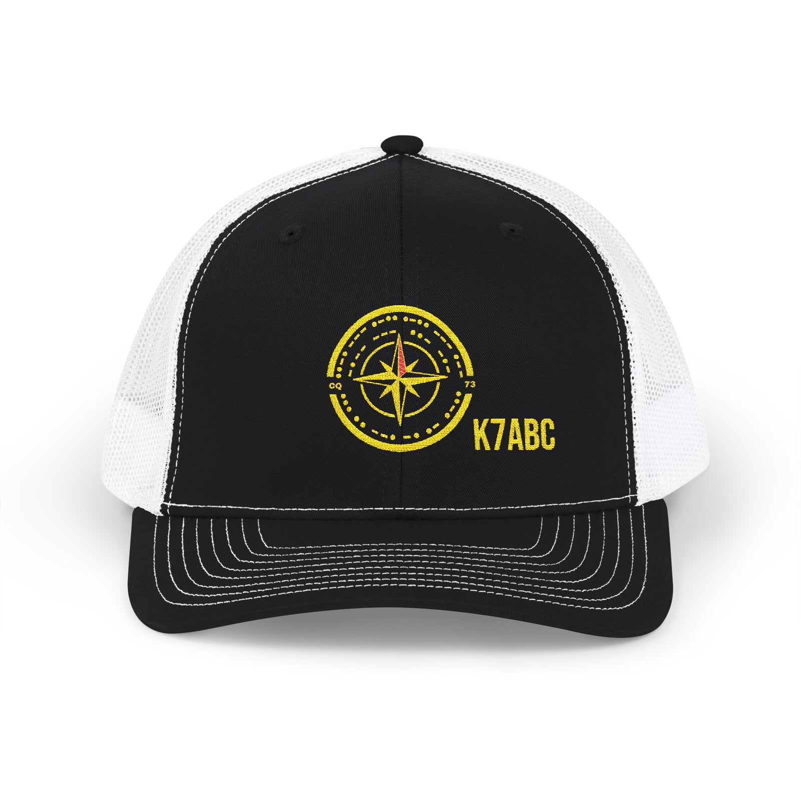 Close-up of an embroidered hat showing a callsign in Morse code (Bilmiss product).
