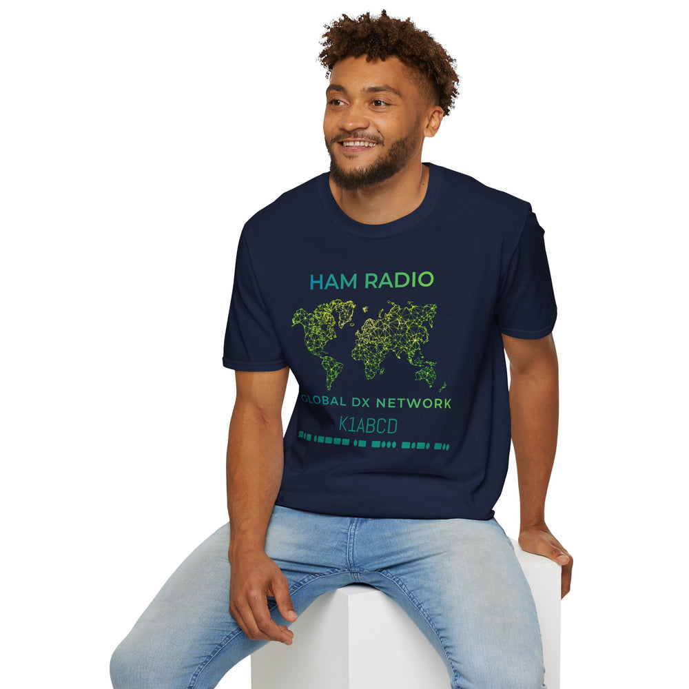 Morse code callsign amateur radio shirt featuring Global DX Network wireframe world map graphic for ham radio enthusiasts