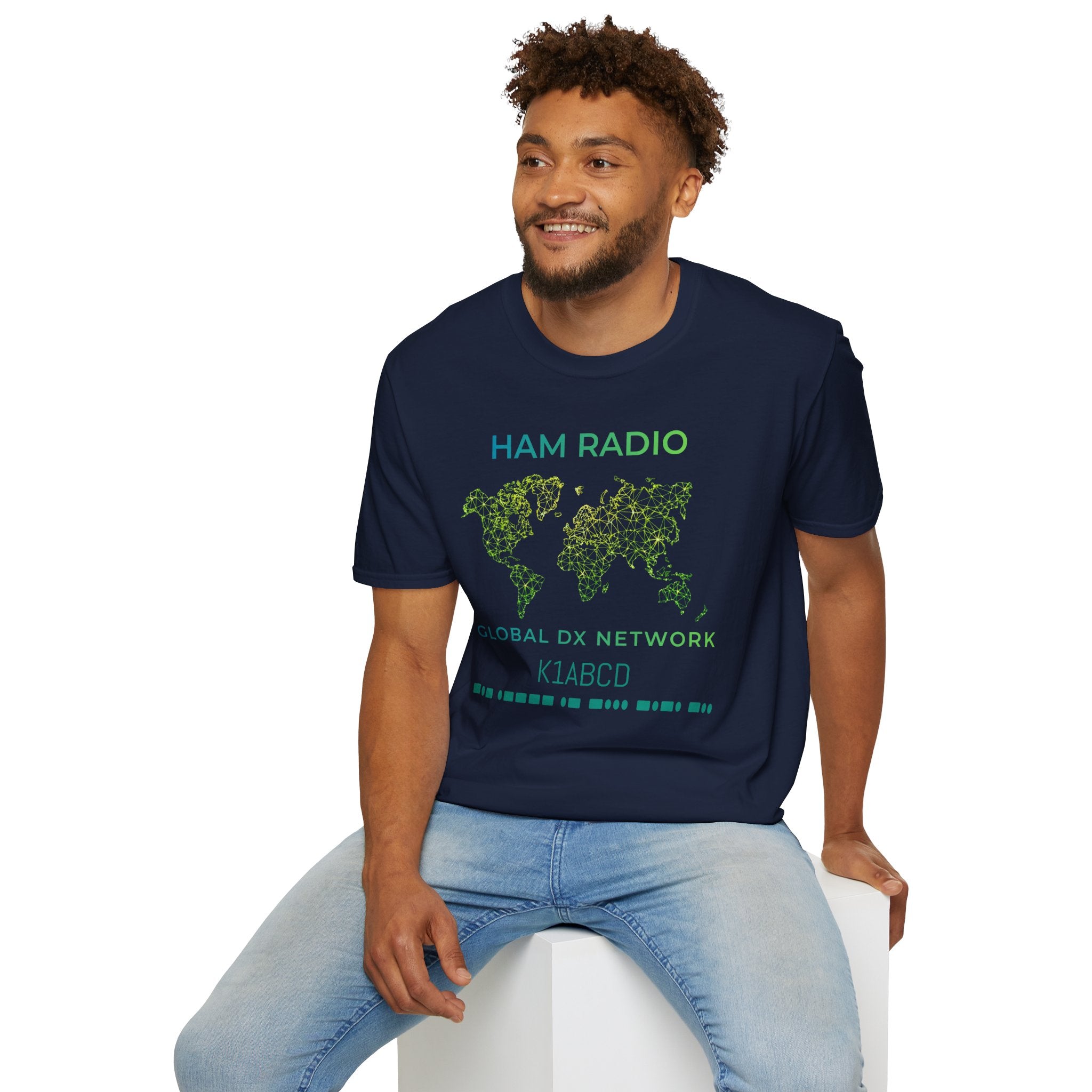 Morse code callsign amateur radio shirt featuring Global DX Network wireframe world map graphic for ham radio enthusiasts