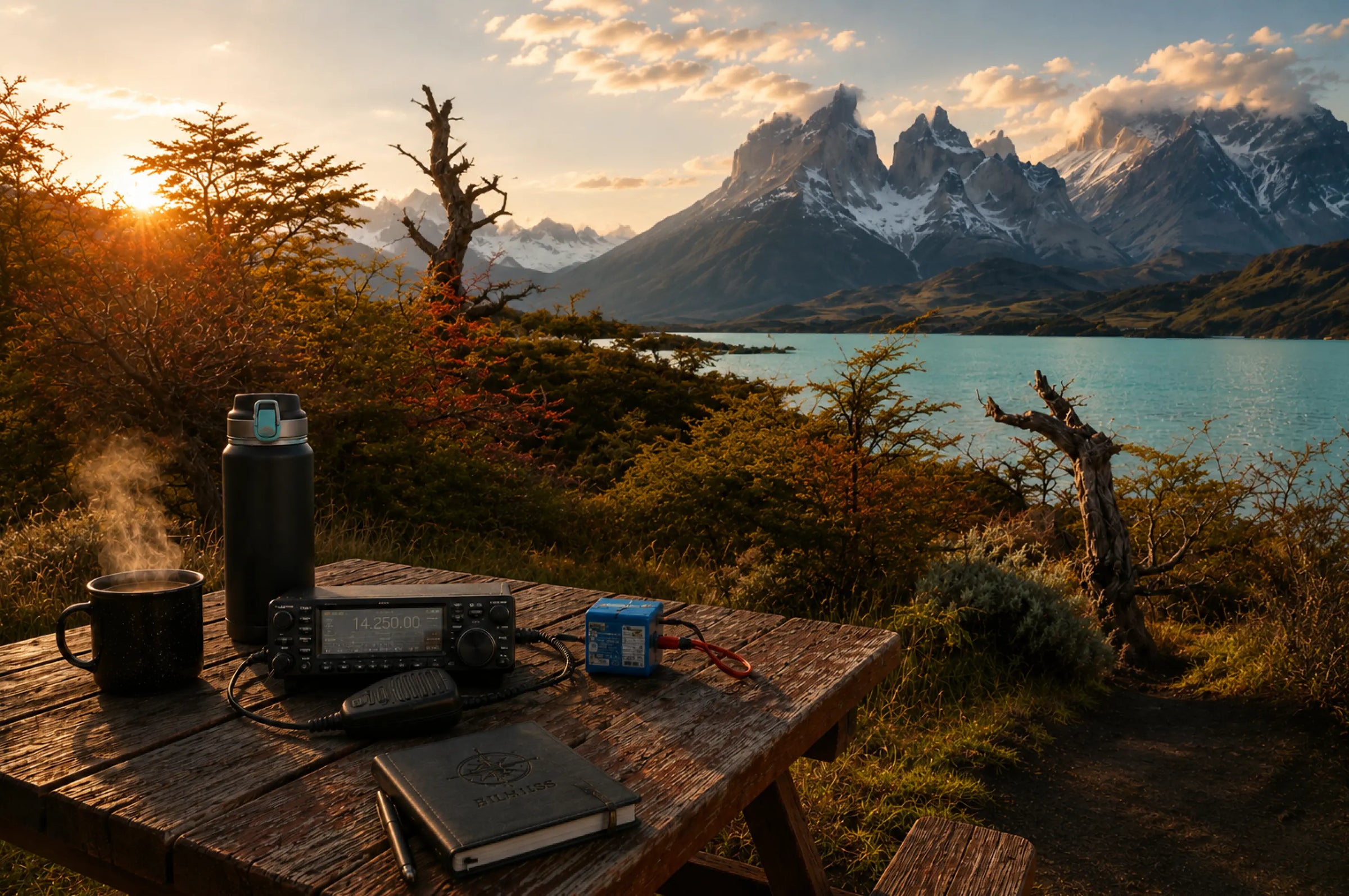 A rustic wooden picnic table set in a mountain meadow at sunrise shows new beginnings, with a black mug of steaming coffee, a black thermal bottle, a ham radio equipment,, a ham radio logbook notebook, and a small blue box in the foreground. Beyond the table is a scenic lake and jagged snow-capped mountains under a golden sky.