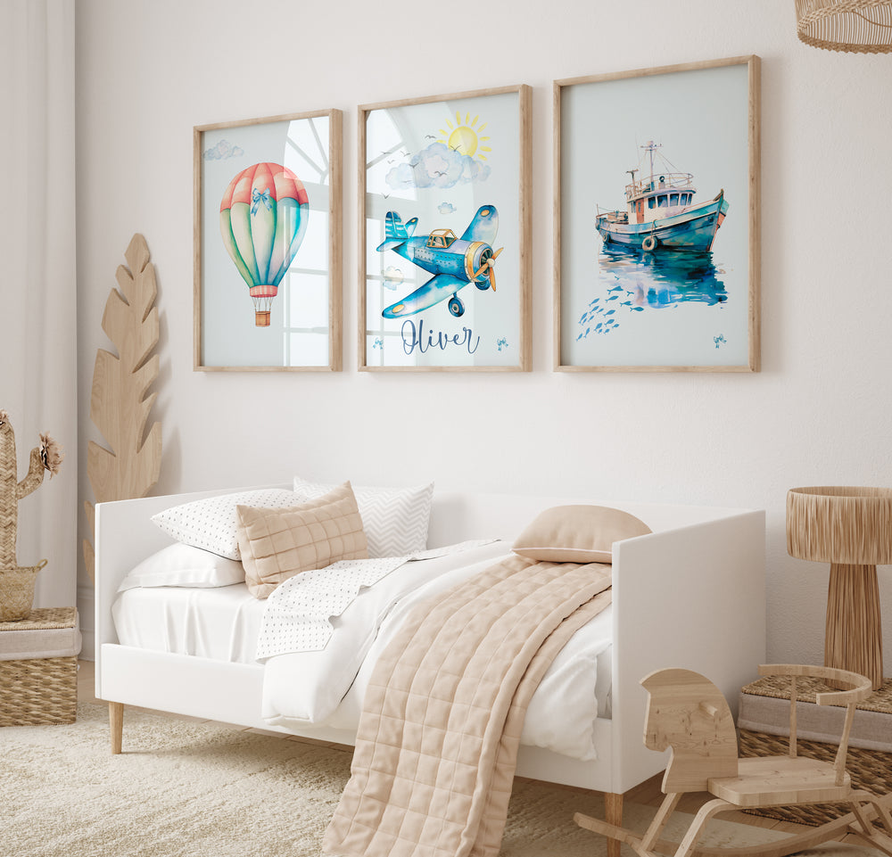 Customizable Nursery Wall Art, Kids Playroom Blue Vehicle Prints, Canvas Decor, Framed Set of 3