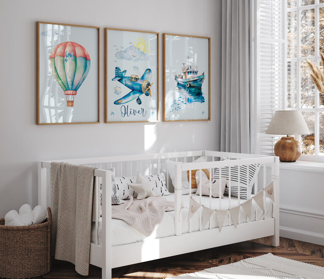 Nursery room with white crib, colorful wall art, and decorative elements.