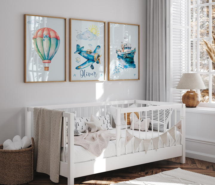 Nursery room with white crib, colorful wall art, and decorative elements.