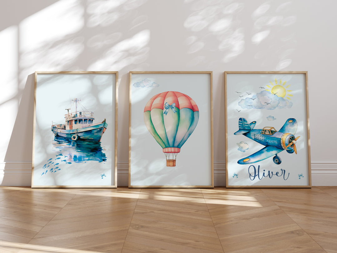 Customizable Nursery Wall Art, Kids Playroom Blue Vehicle Prints, Canvas Decor, Framed Set of 3