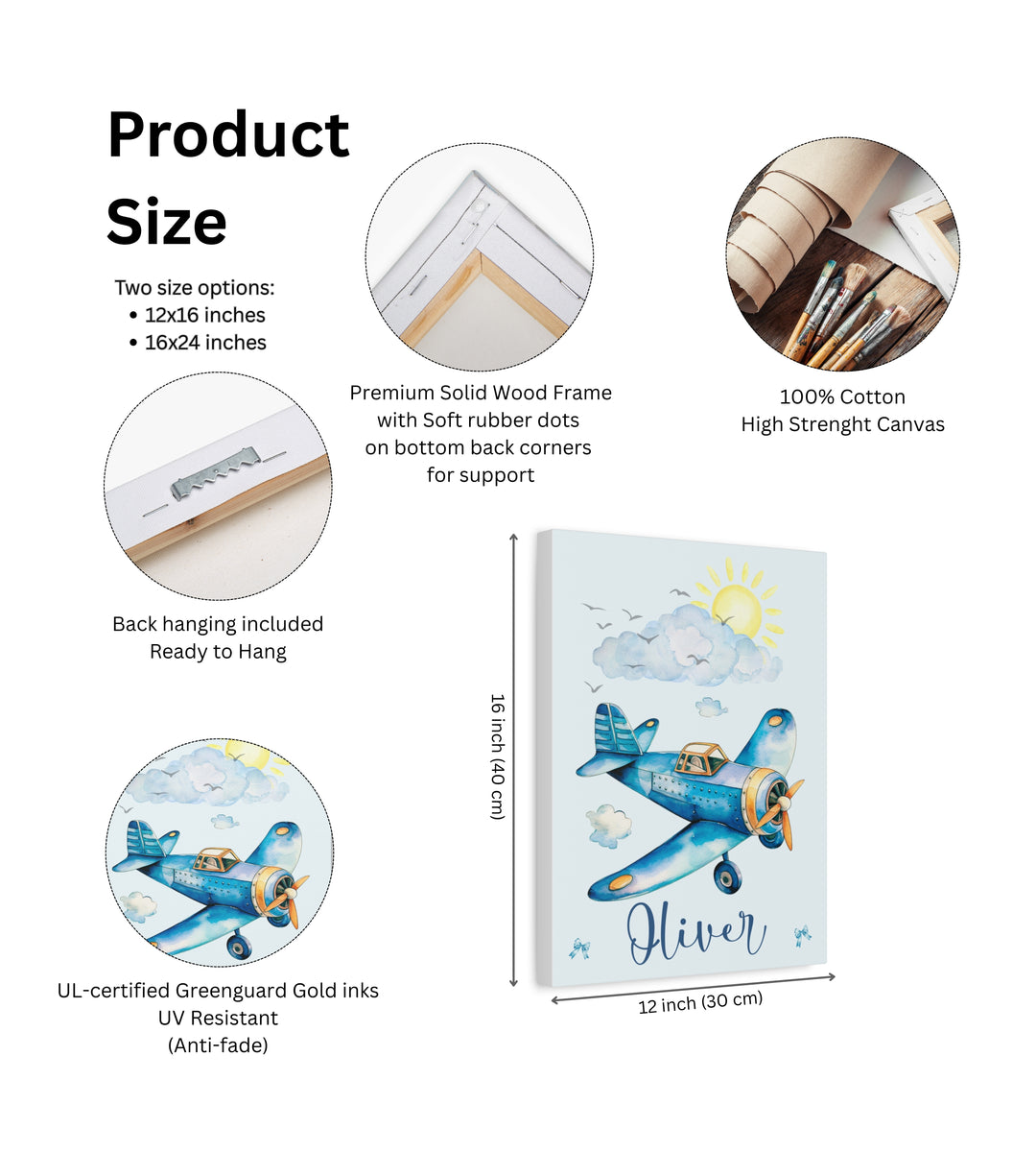 Product size information with airplane-themed canvas and wooden frame details.