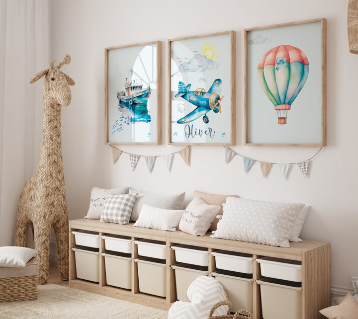 Customizable Nursery Wall Art, Kids Playroom Blue Vehicle Prints, Canvas Decor, Framed Set of 3