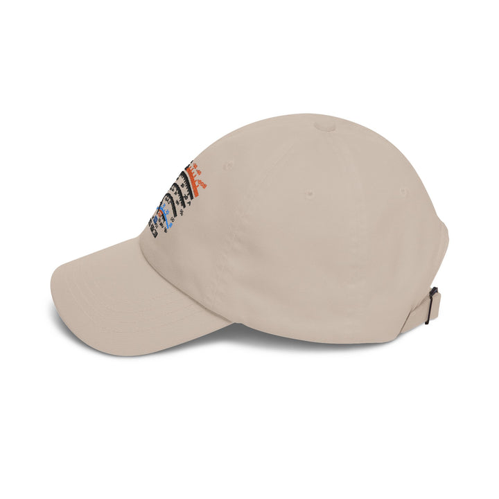 Side view custom embroidered amateur radio callsign and SW meter design on a personalized dad hat.