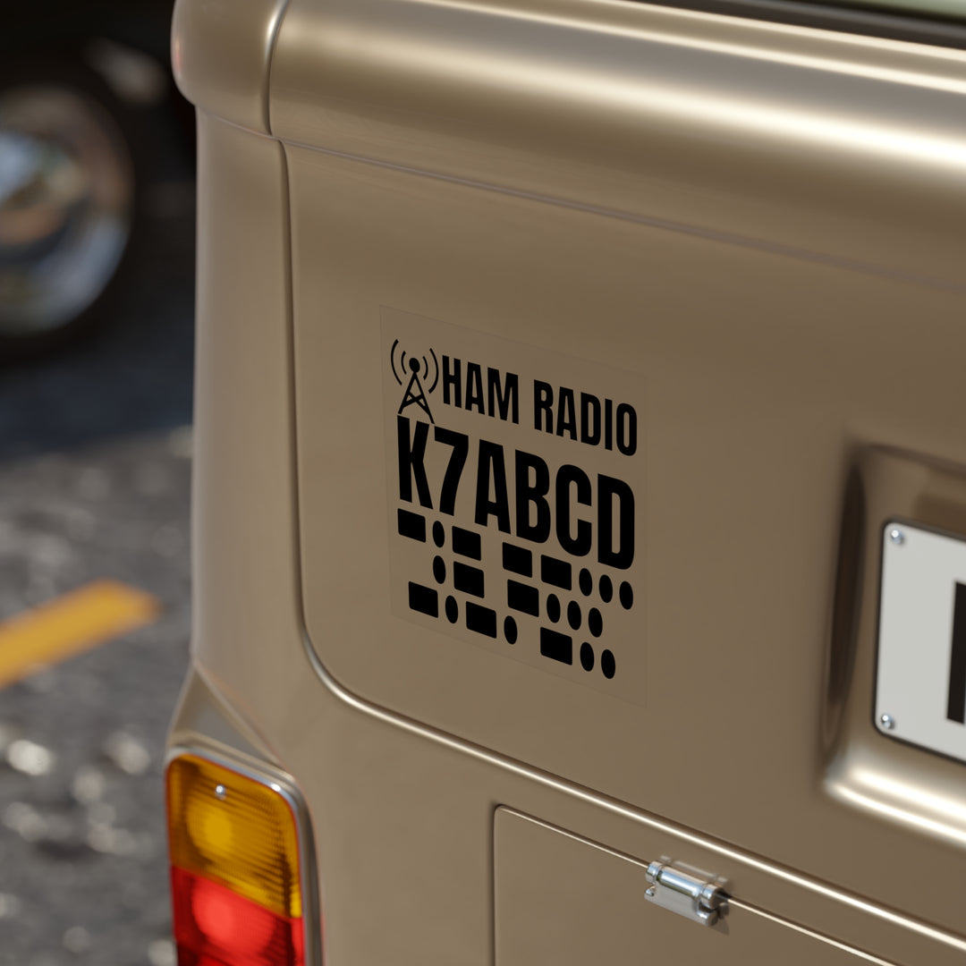 Personalized amateur radio window decal displaying a licensed callsign with Morse code for mobile stations.