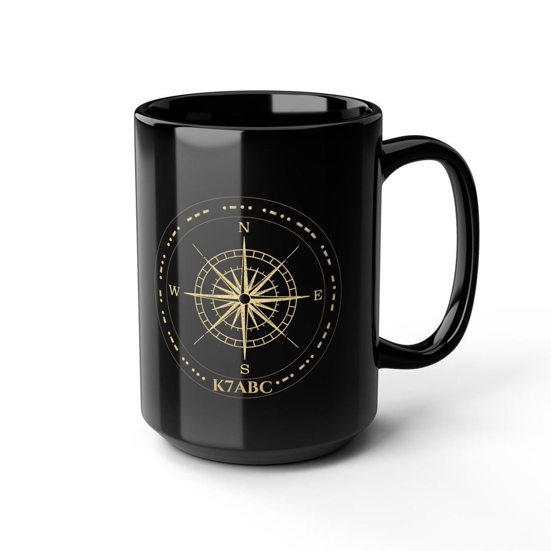 Personalized ham radio coffee mug featuring a compass design with a custom licensed callsign and Morse code details.