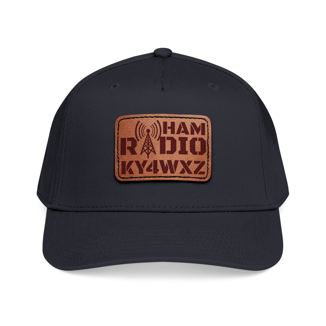 Personalized ham radio 5-panel cap with custom callsign on light brown leather patch