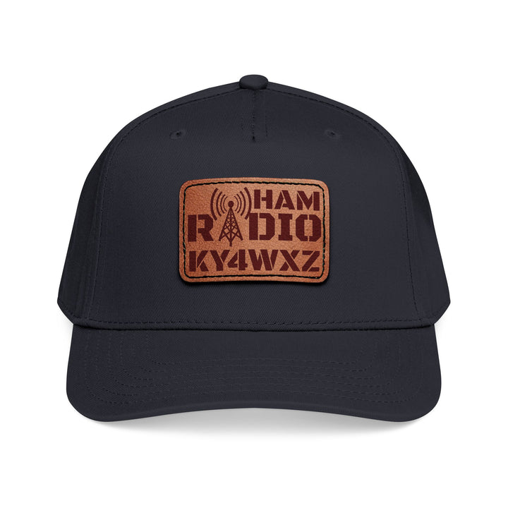 Personalized ham radio 5-panel cap with custom callsign on light brown leather patch
