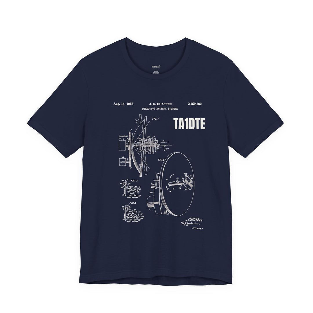 Personalized ham radio T-shirt featuring a custom callsign and vintage antenna blueprint inspired by classic radio engineering.
