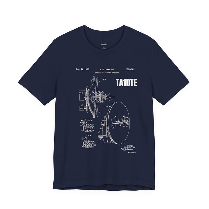 Personalized ham radio T-shirt featuring a custom callsign and vintage antenna blueprint inspired by classic radio engineering.