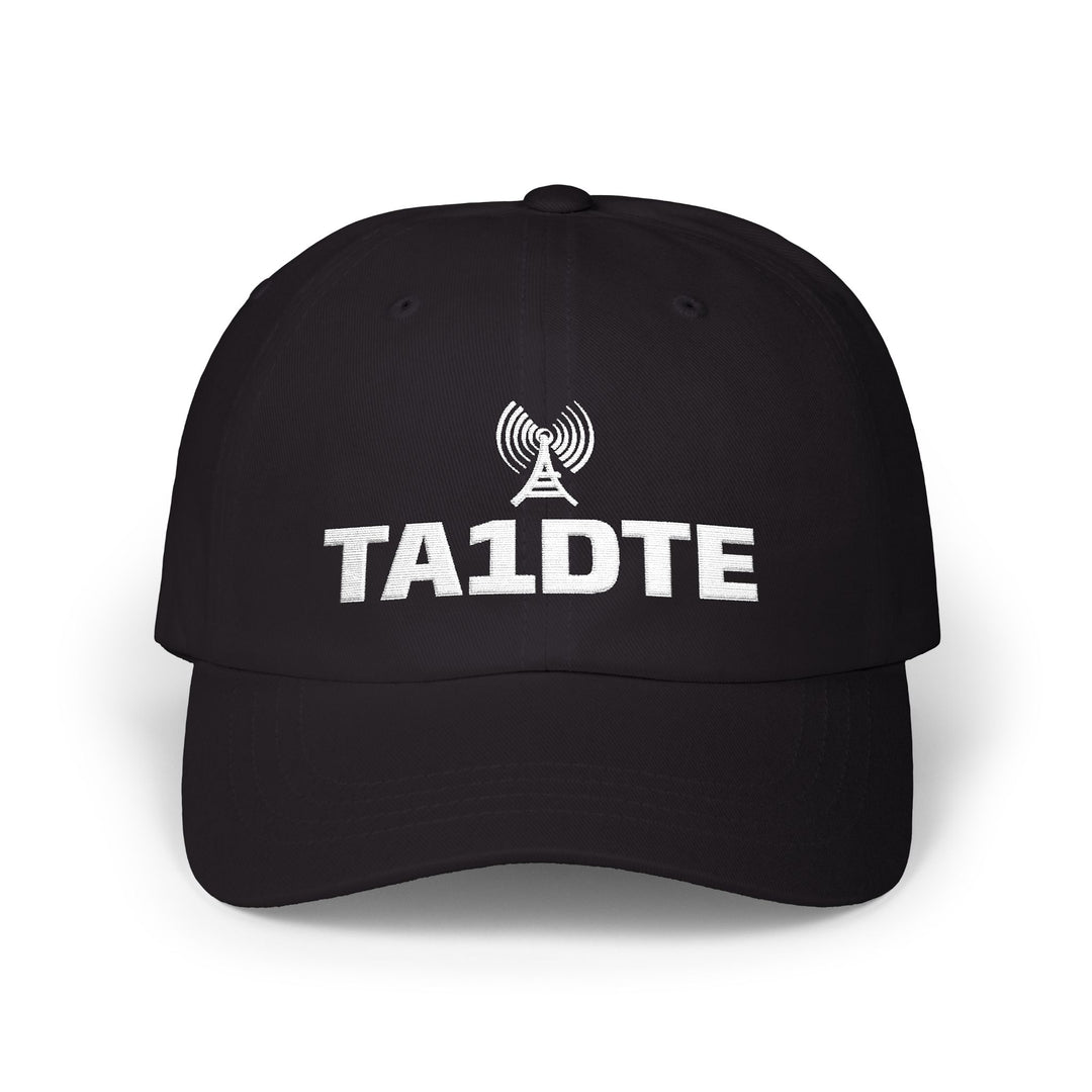 Personalized ham radio dad hat embroidered with a licensed amateur radio callsign beneath a minimalist antenna icon.