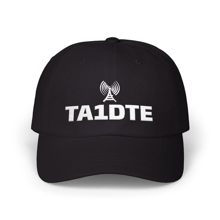 Personalized ham radio dad hat embroidered with a licensed amateur radio callsign beneath a minimalist antenna icon.
