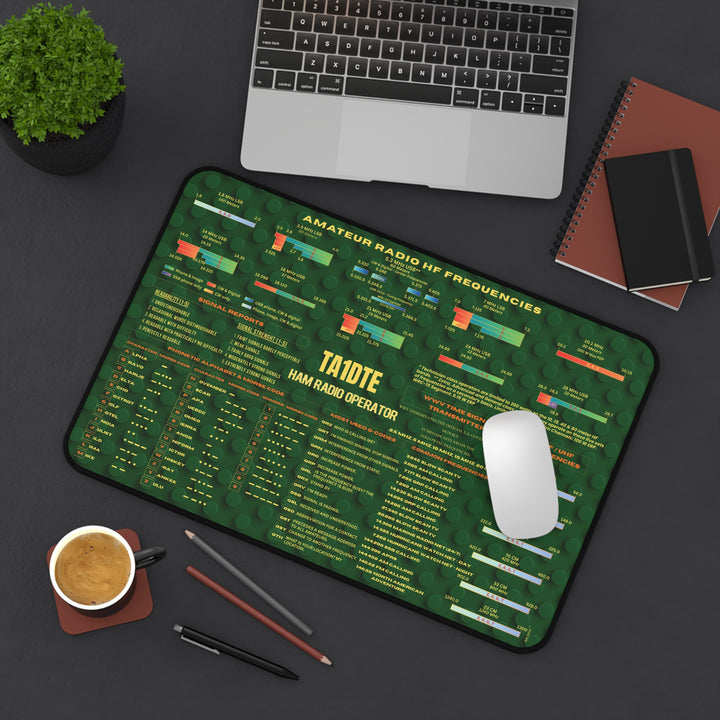 Personalized ham radio band plan desk mat with custom callsign and amateur radio reference design