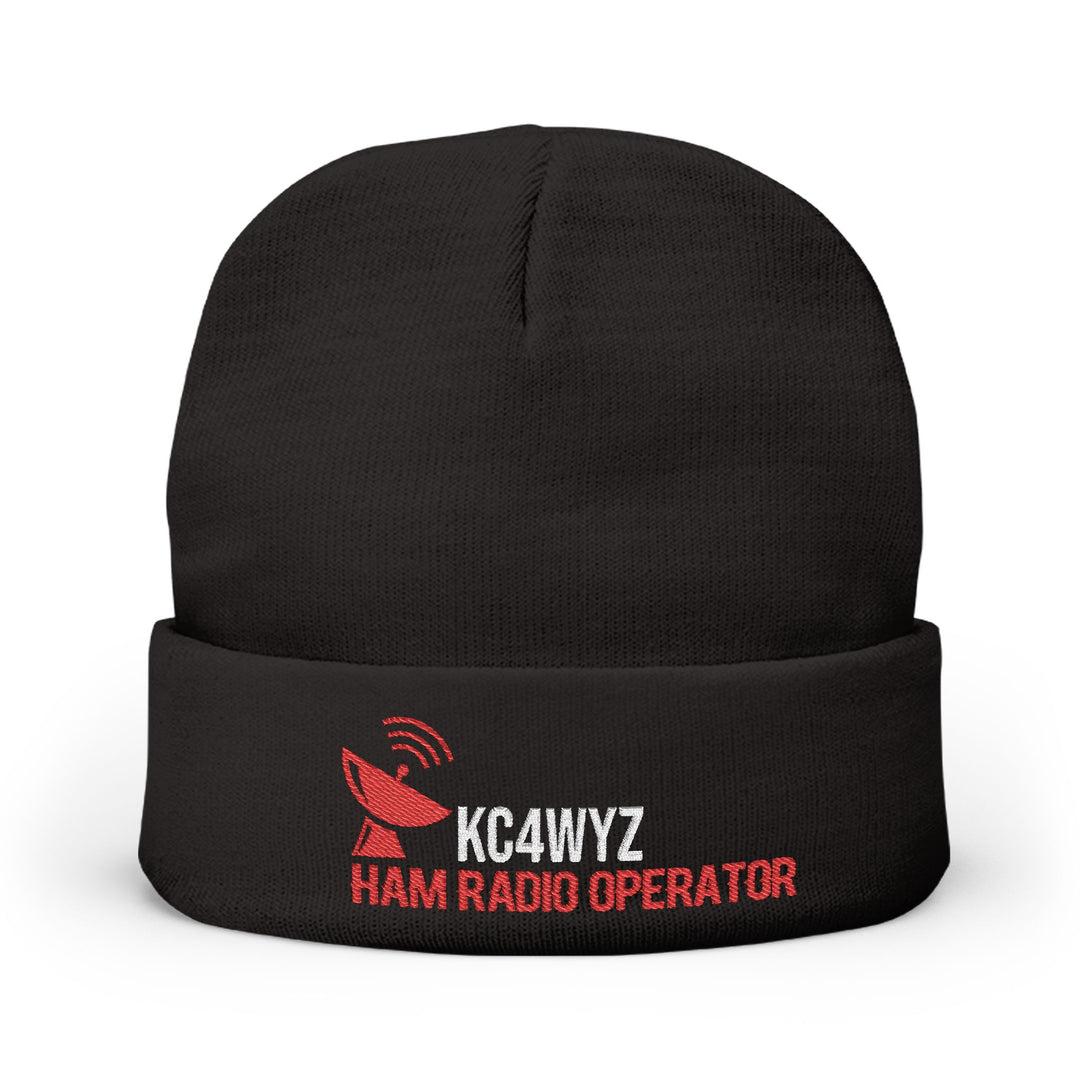 Personalized ham radio knit beanie embroidered with a licensed amateur radio callsign and antenna icon.