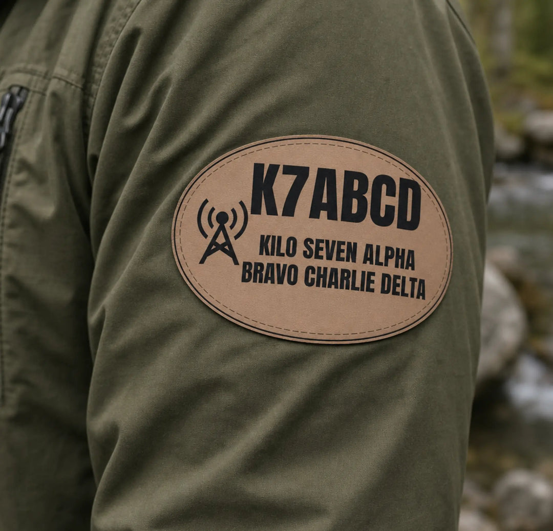 Personalized faux leather ham radio callsign patch with laser engraved operator name tag for backpacks, jackets, hats, and radio gear