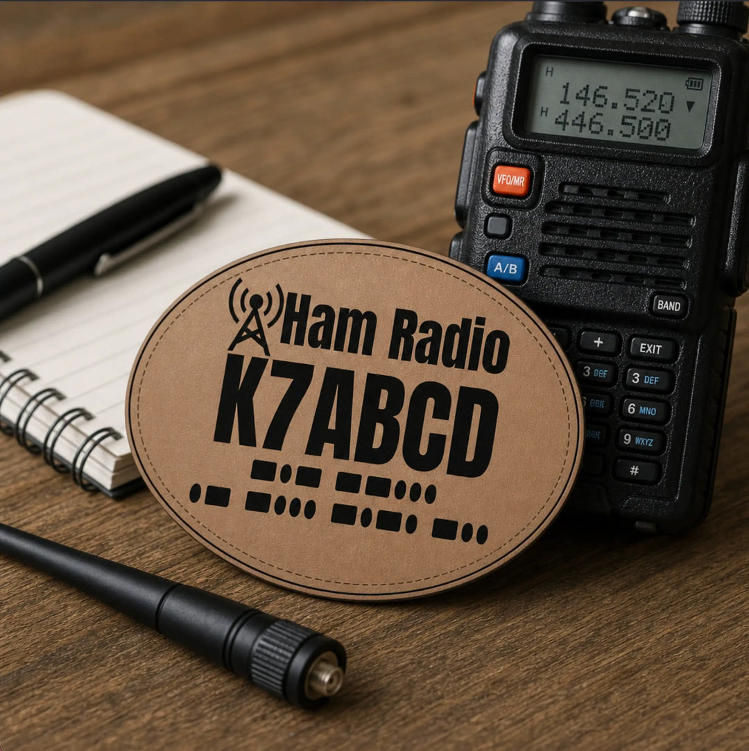 Personalized faux leather ham radio patch with custom callsign and Morse code for backpacks, jackets, hats, and radio gear