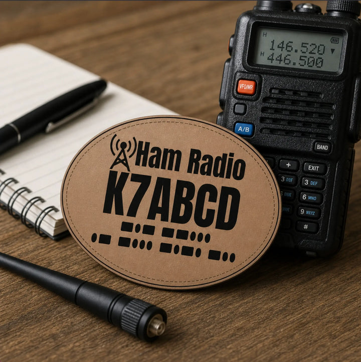 Personalized faux leather ham radio patch with custom callsign and Morse code for backpacks, jackets, hats, and radio gear
