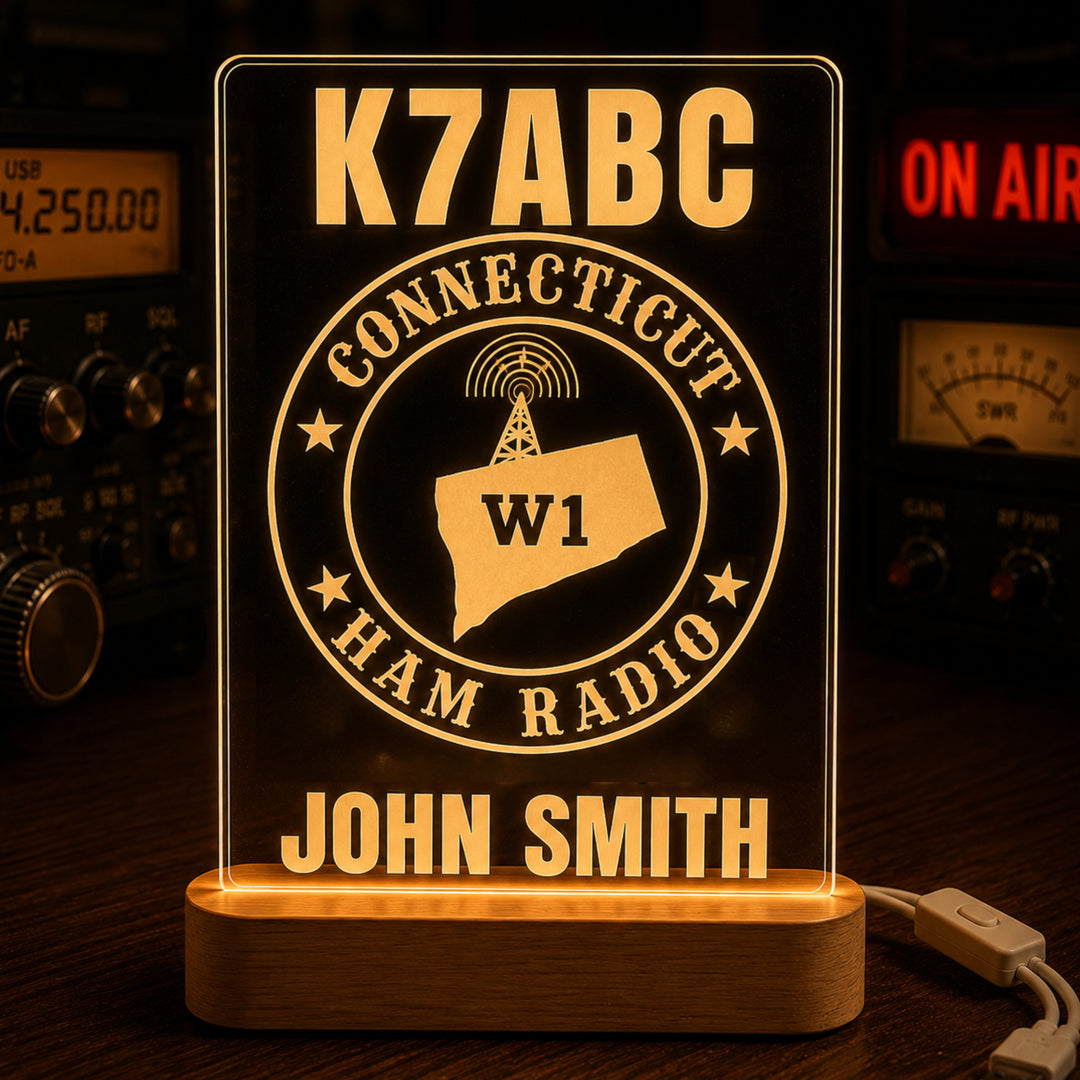 Personalized Ham Radio LED lamp engraved with a custom callsign, name, state, and radio district.