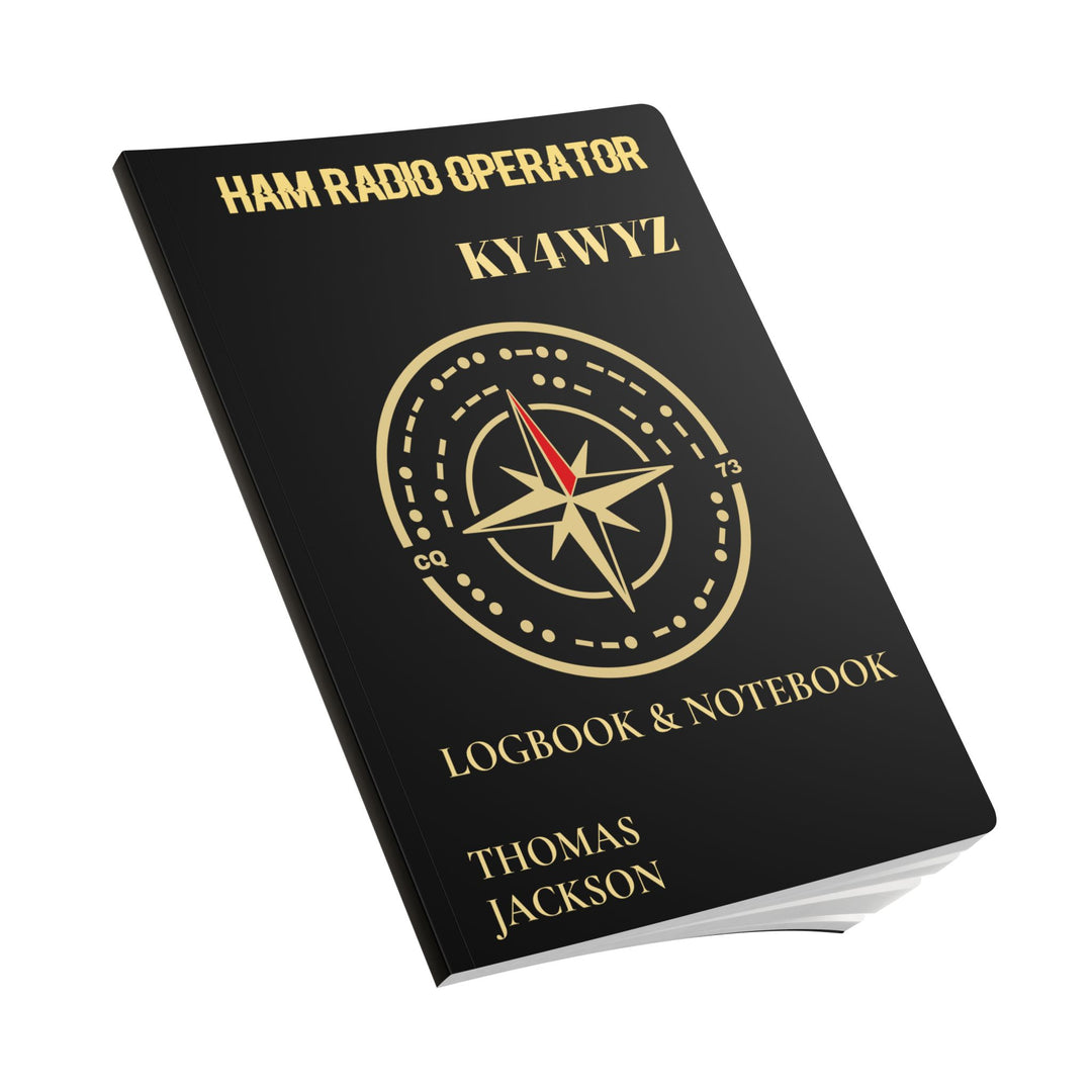 Personalized Ham Radio Logbook featuring a custom callsign, operator name, compass rose, and hidden Morse code on the front cover.