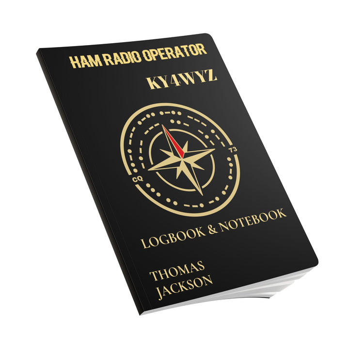 Personalized Ham Radio Logbook featuring a custom callsign, operator name, compass rose, and hidden Morse code on the front cover.