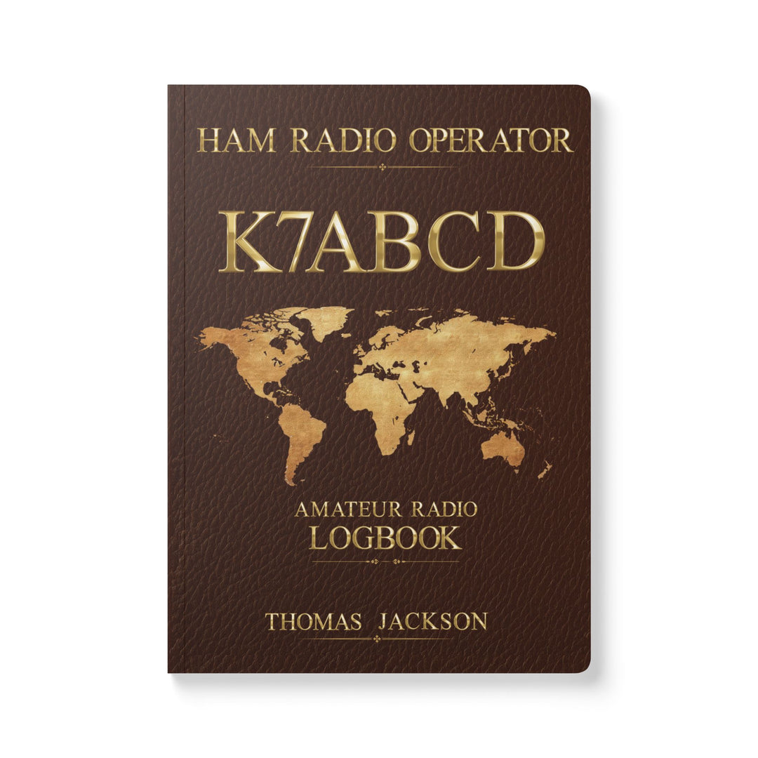Personalized ham radio logbook with custom callsign, Morse code callsign, and name on the front cover for licensed amateur radio operators.