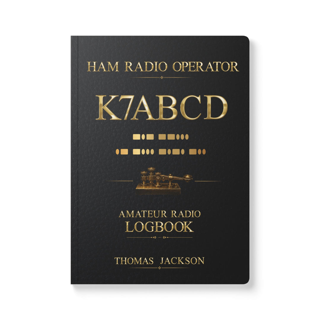 Personalized Ham Radio Logbook featuring a custom callsign, full name, and personalized Morse code on the front cover.