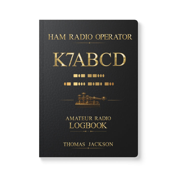 Personalized Ham Radio Logbook featuring a custom callsign, full name, and personalized Morse code on the front cover.