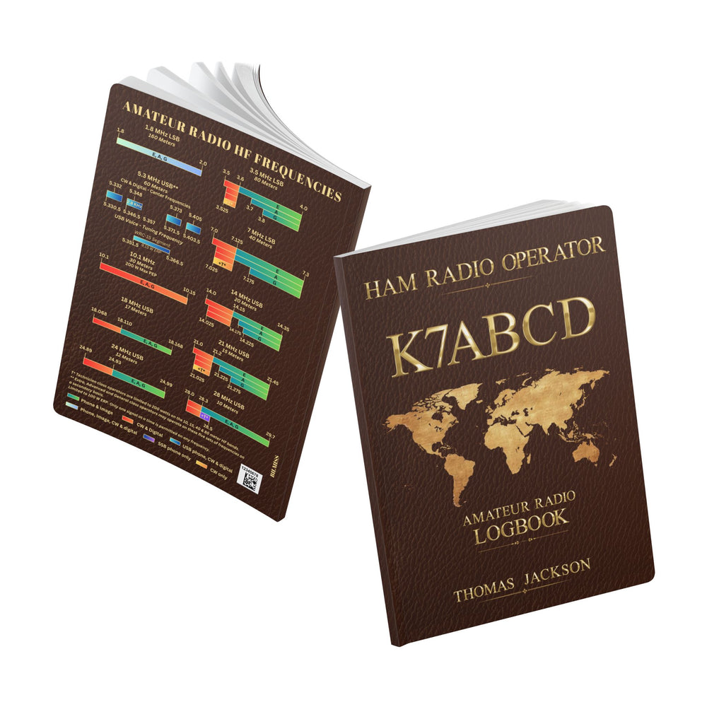 Front coıver and Back cover of a personalized ham radio logbook featuring Morse code, NATO phonetic alphabet, HF band information, and amateur radio operating references.