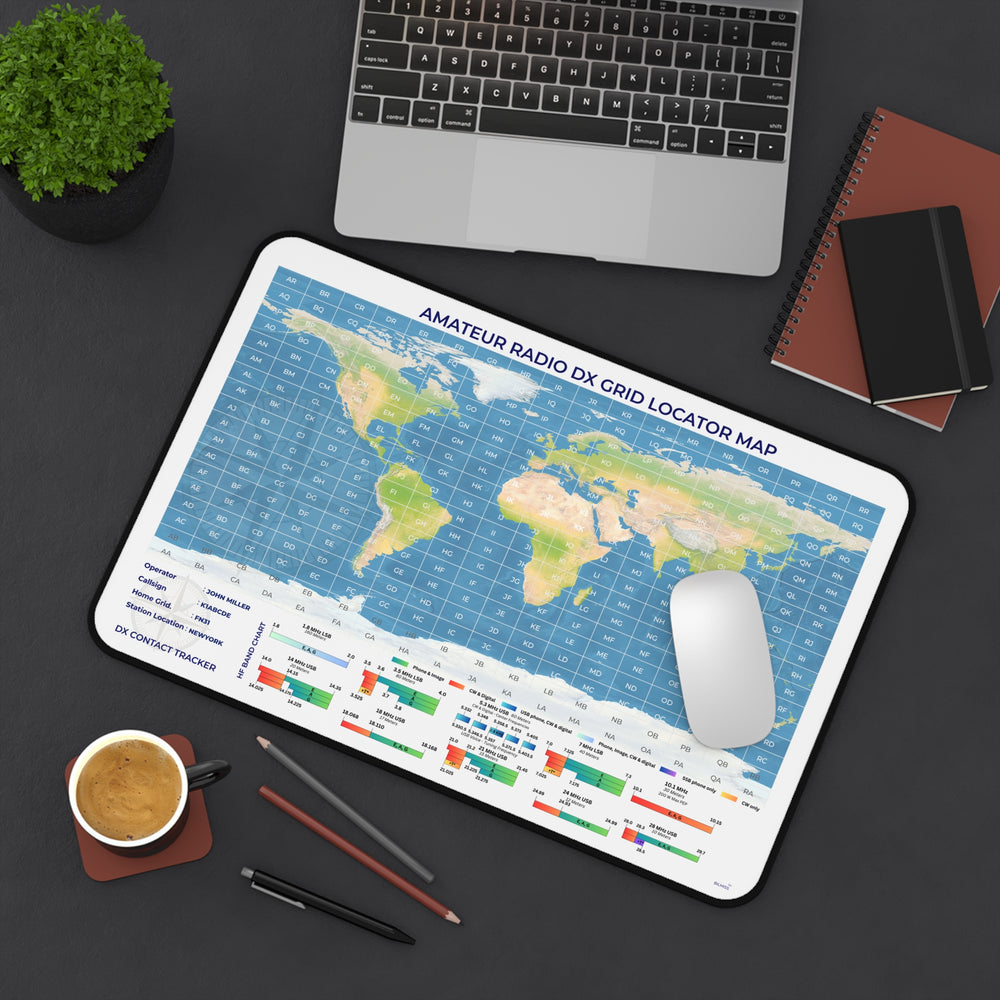 Personalized ham radio mouse pad featuring a custom callsign, Maidenhead grid locator world map, HF band plan reference, and DX contact tracker.
