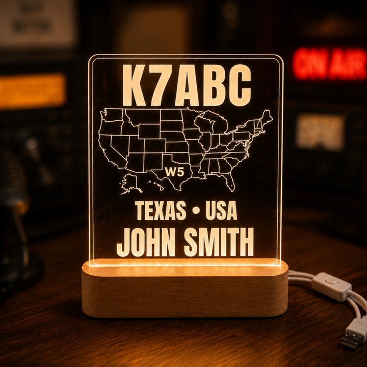 Personalized USA Map Ham Radio LED Lamp – Custom Callsign Desk Light for Amateur Radio Operators