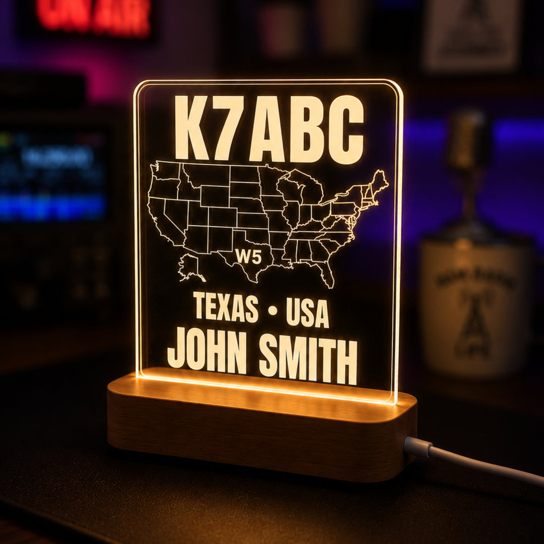 Personalized USA Map Ham Radio LED Lamp – Custom Callsign Desk Light for Amateur Radio Operators