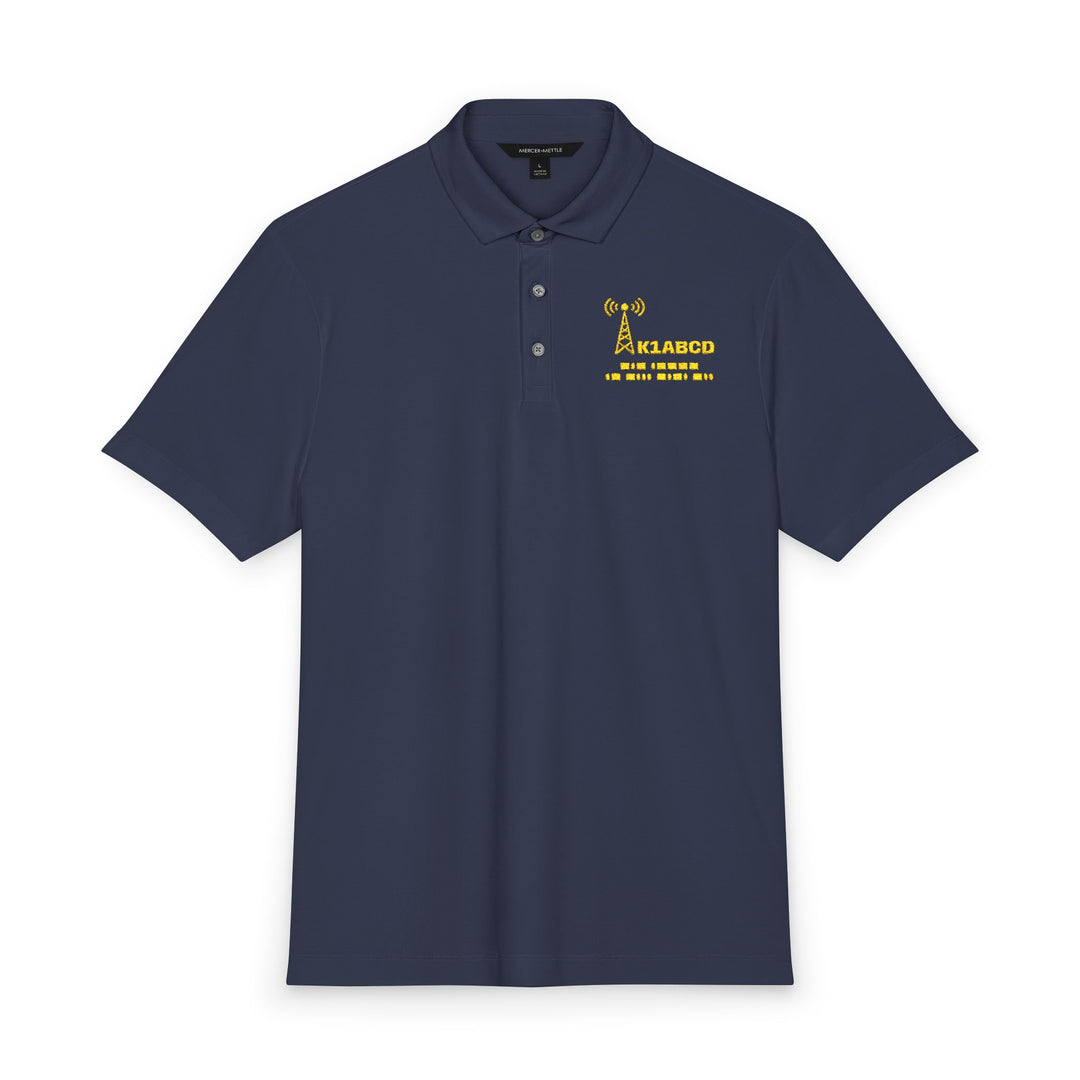 Personalized ham radio polo shirt featuring custom embroidered callsign and matching Morse code for licensed amateur radio operators -insignia blue color
