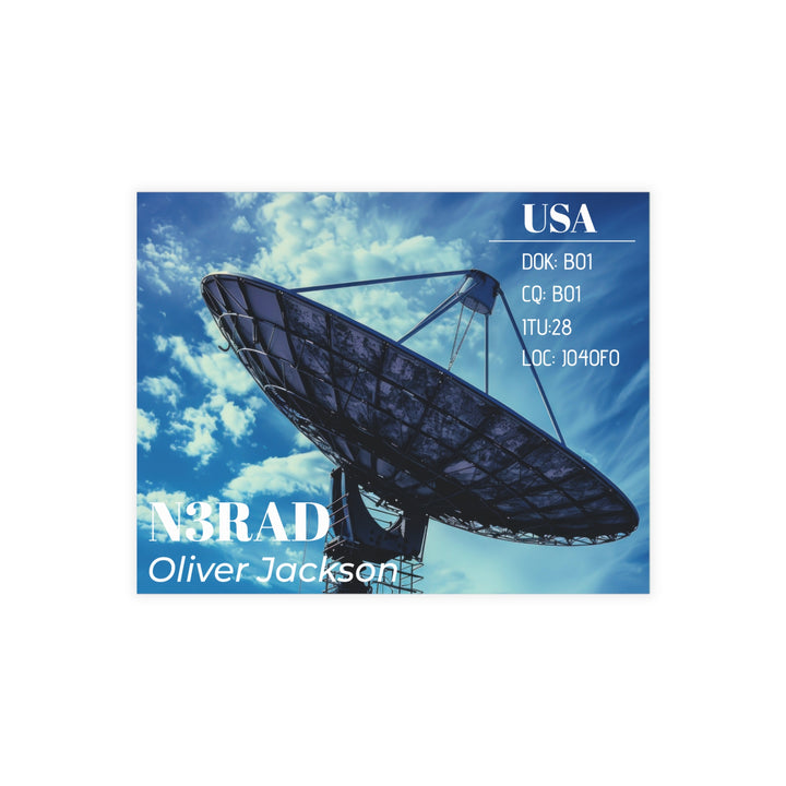 Personalized ham radio QSL cards featuring a custom callsign, operator information, and a modern satellite antenna design.